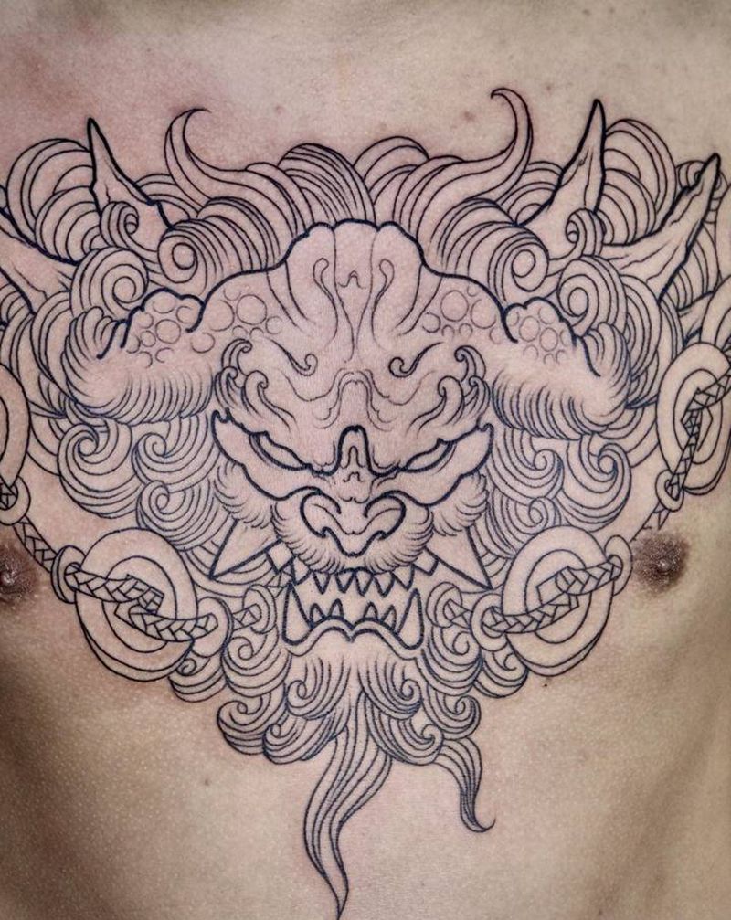 唐狮纹身图片_胸部新传统唐狮纹身图案