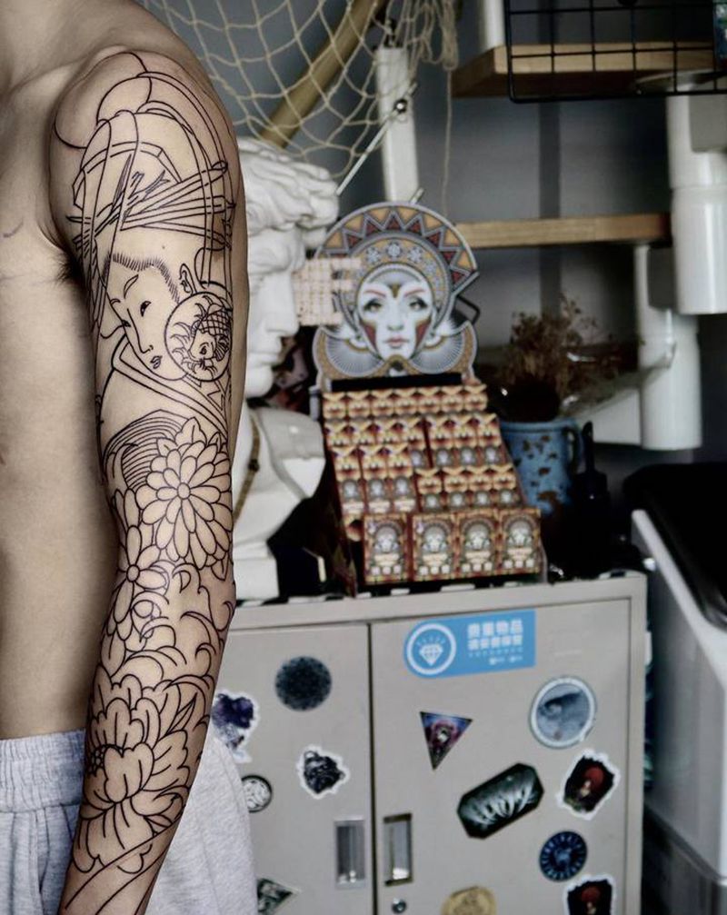 老传统艺妓花臂纹身图片_手臂老传统艺妓菊花纹身图案