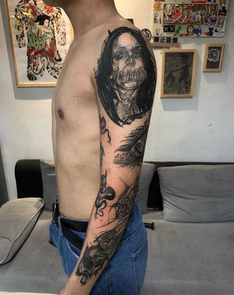 暗黑拼接纹身图片_手臂欧美写实纹身图案