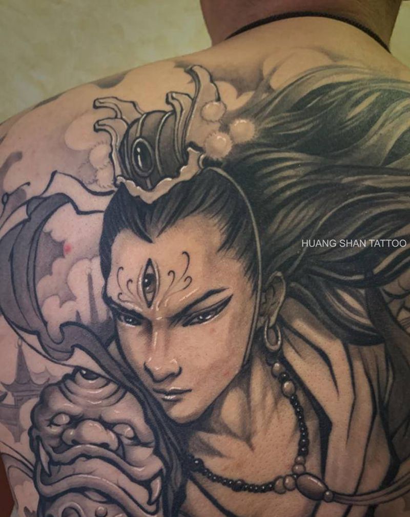 二郎真君纹身图片_背部新传统纹身图案