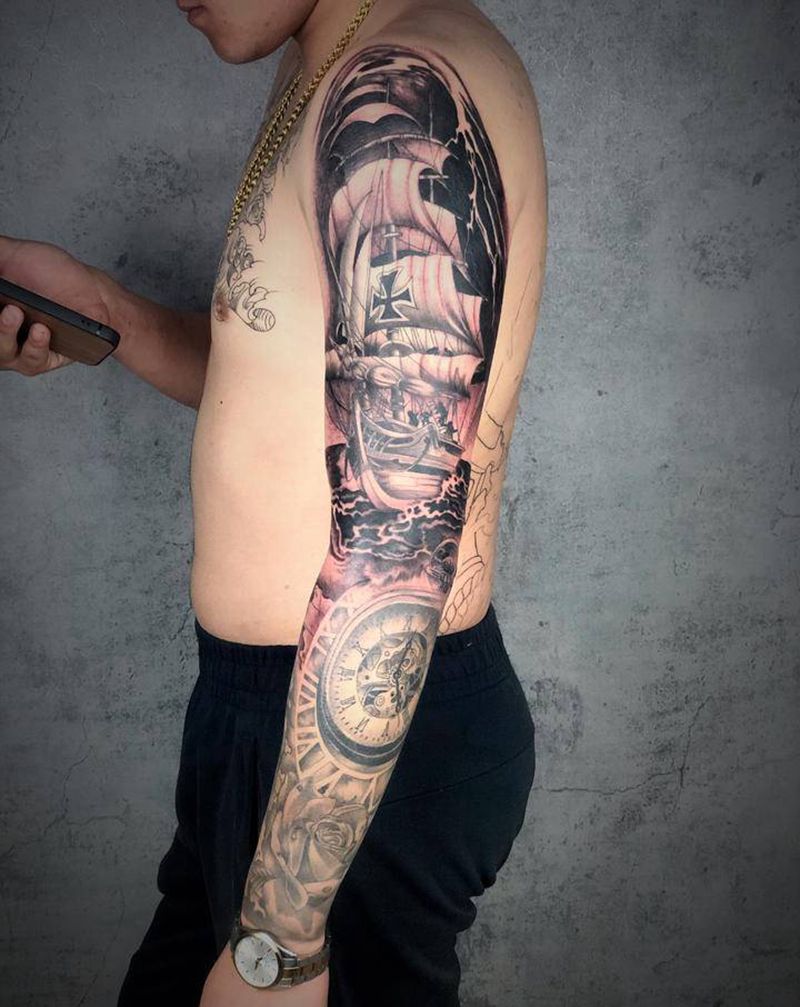 船 时间纹身图片_手臂欧美写实纹身图案