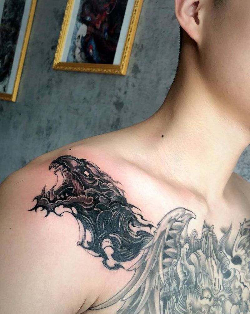 暗黑系遮盖纹身图片_肩部水墨纹身图案