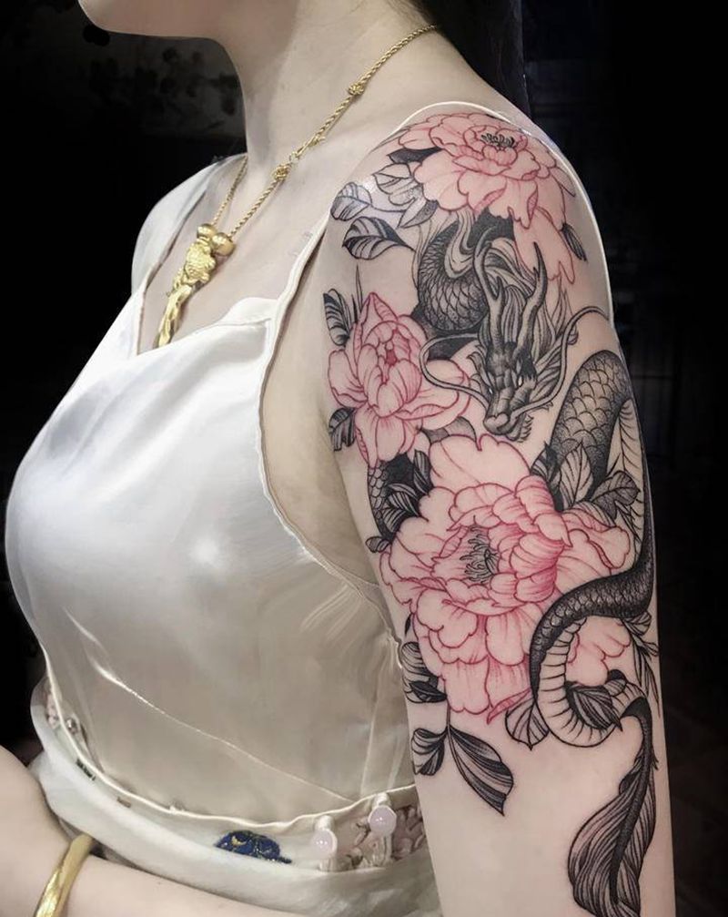 牡丹与龙纹身图片_手臂素花纹身图案