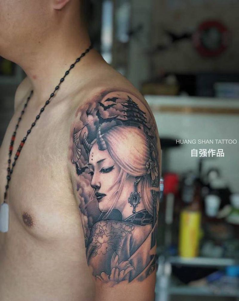 艺伎纹身图片_手臂新传统纹身图案