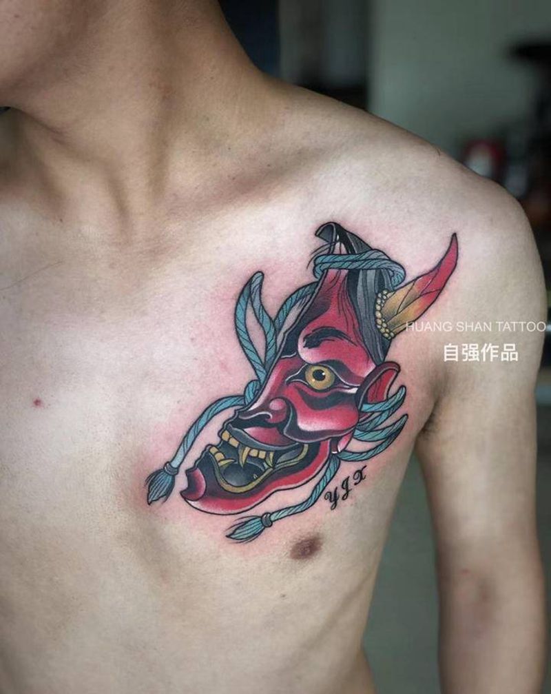 般若纹身图片_胸部老传统新传统纹身图案