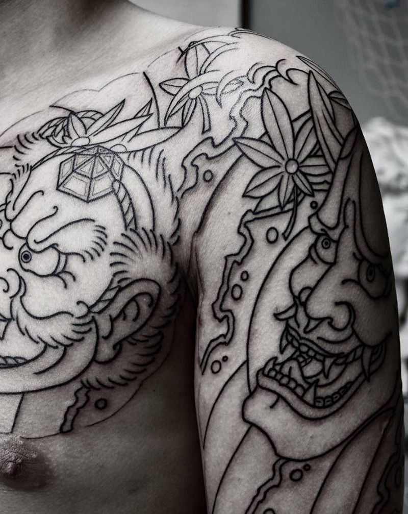 日式半胛纹身图片_手臂胸部老传统班若天狗纹身图案