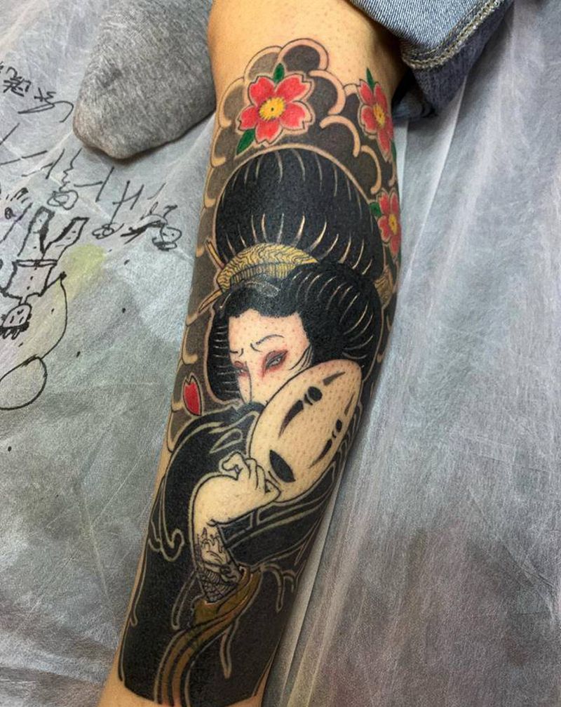 传统艺姬纹身图片_腿部老传统纹身图案