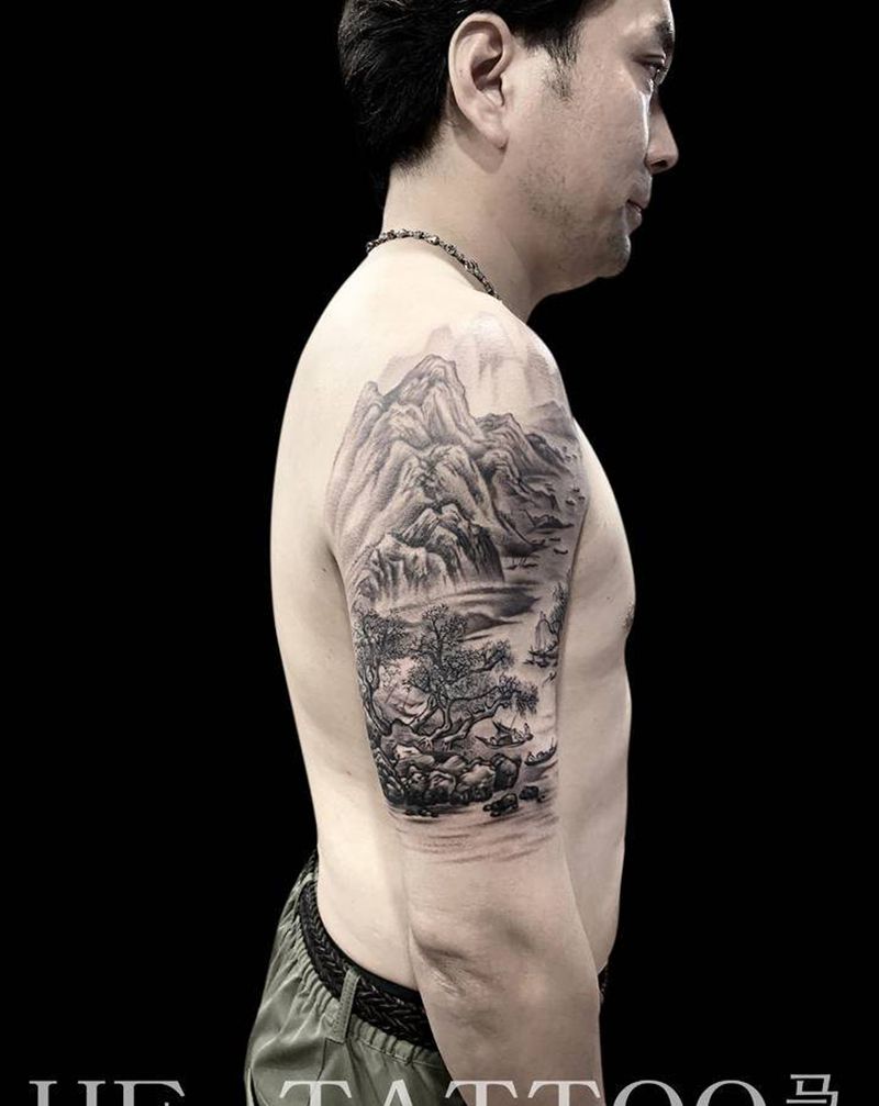《渔乐图》纹身图片_手臂水墨纹身图案