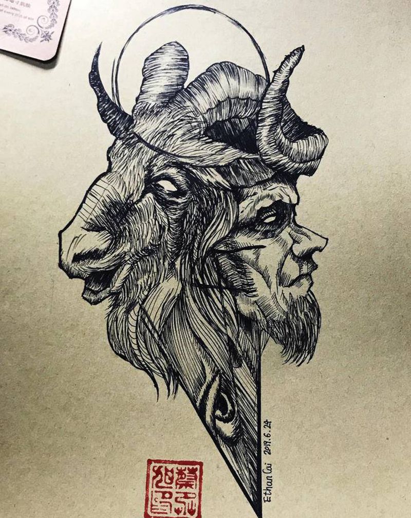 撒旦羊头纹身图片_几何纹身图案