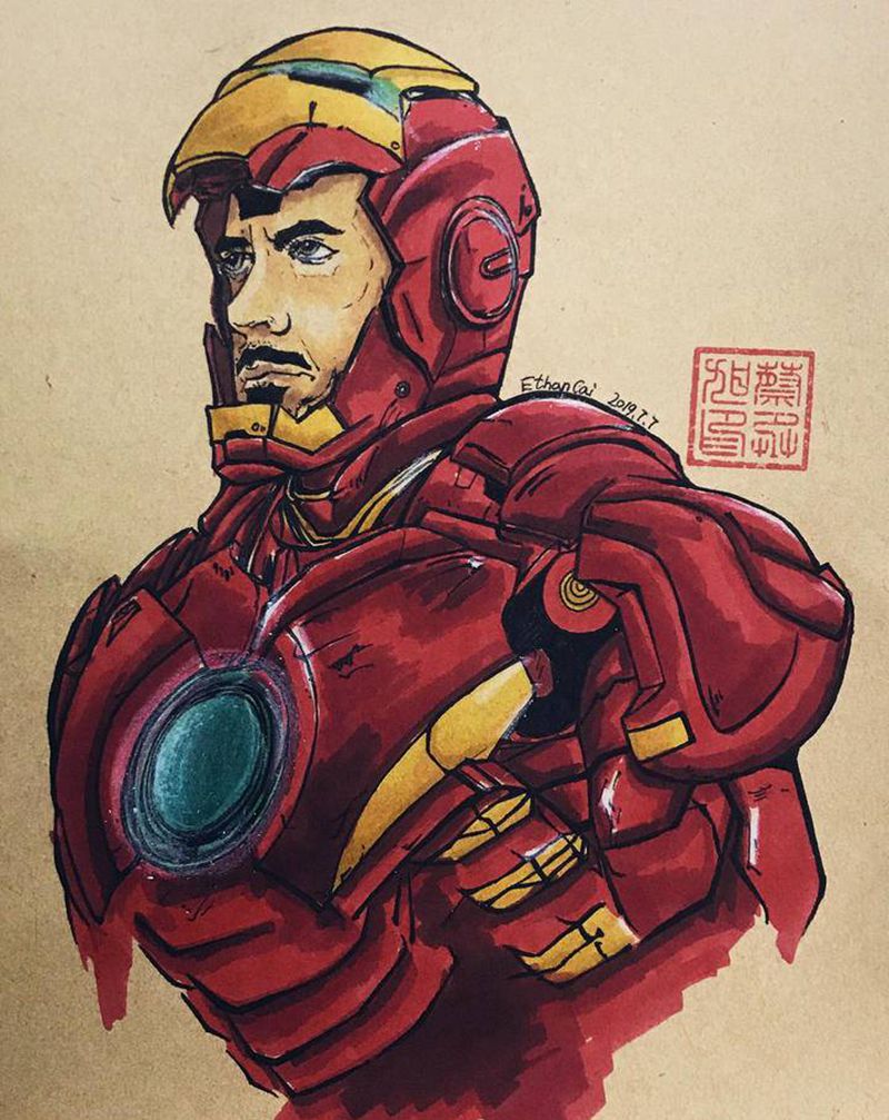 托尼屎大颗Iron Man纹身图片_水彩纹身图案