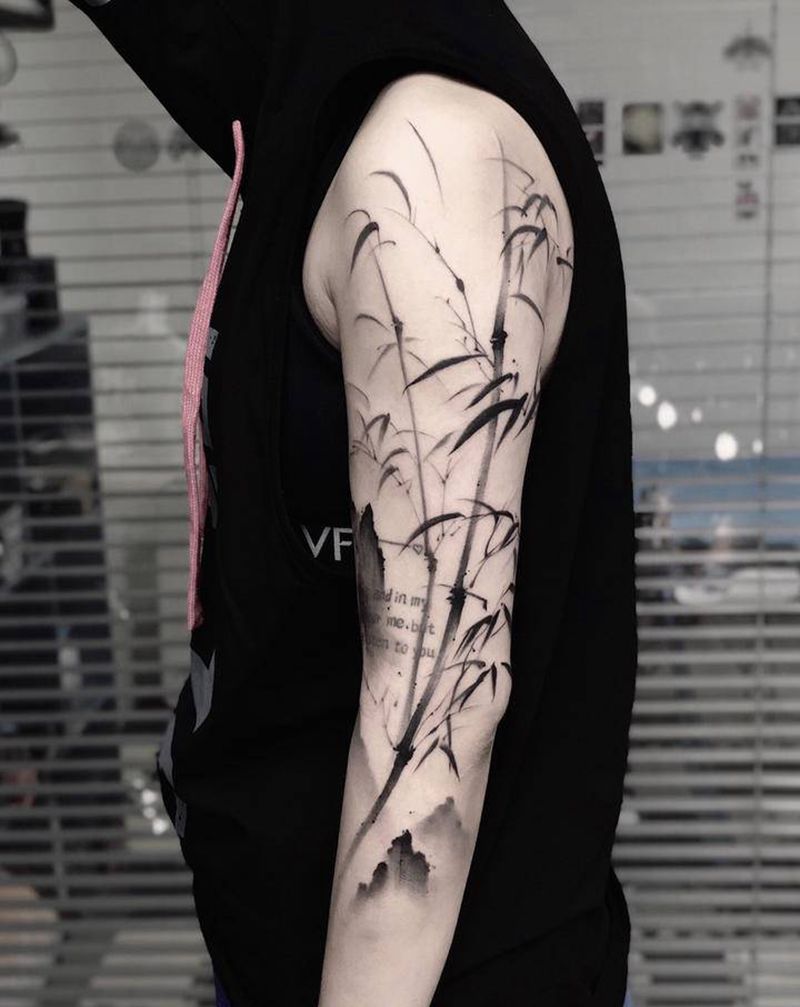 子竹纹身图片_手臂水墨纹身图案