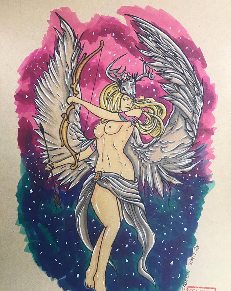 射手座女神手稿纹身图片_水彩纹身图案