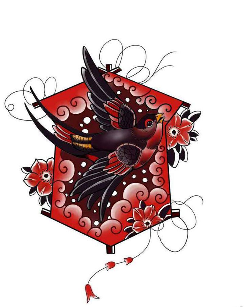 原创燕子纹身图片_New School纹身图案