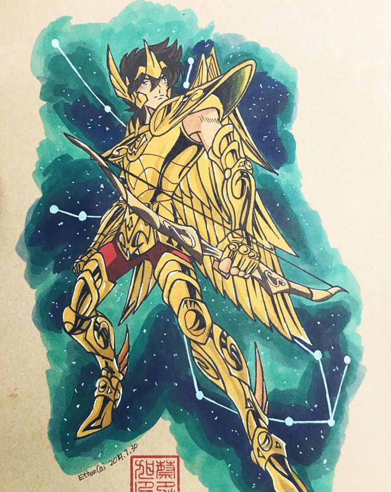 射手男圣斗士星矢纹身图片_水彩纹身图案