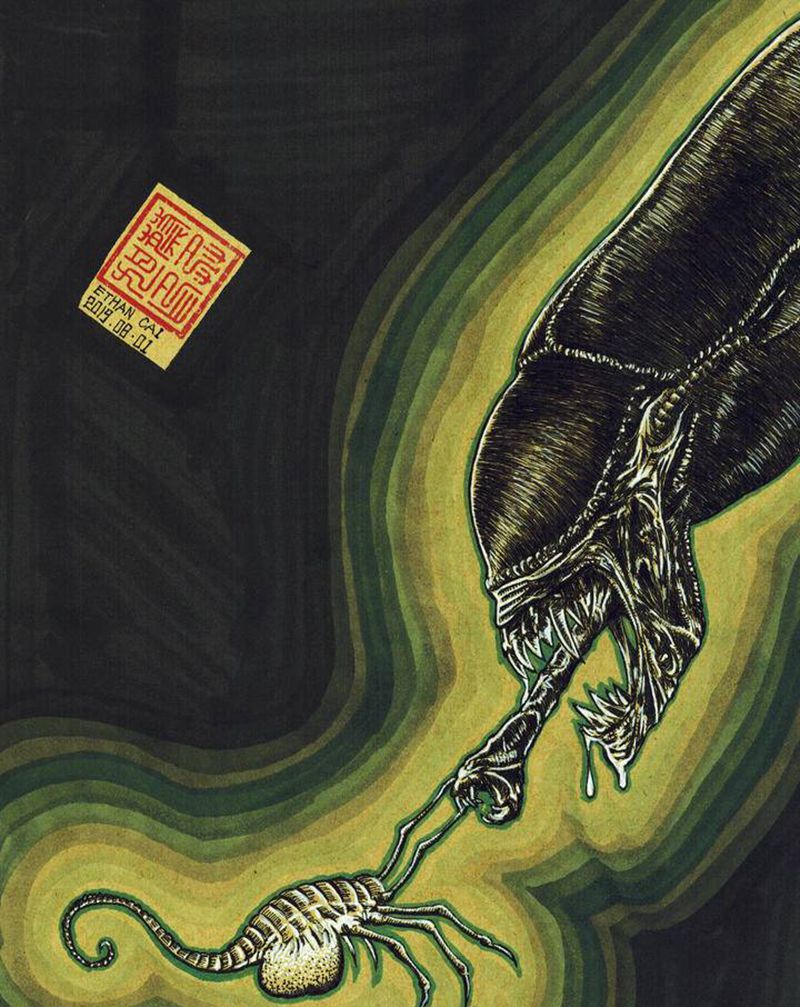 异形抱脸虫纹身图片_水彩纹身图案