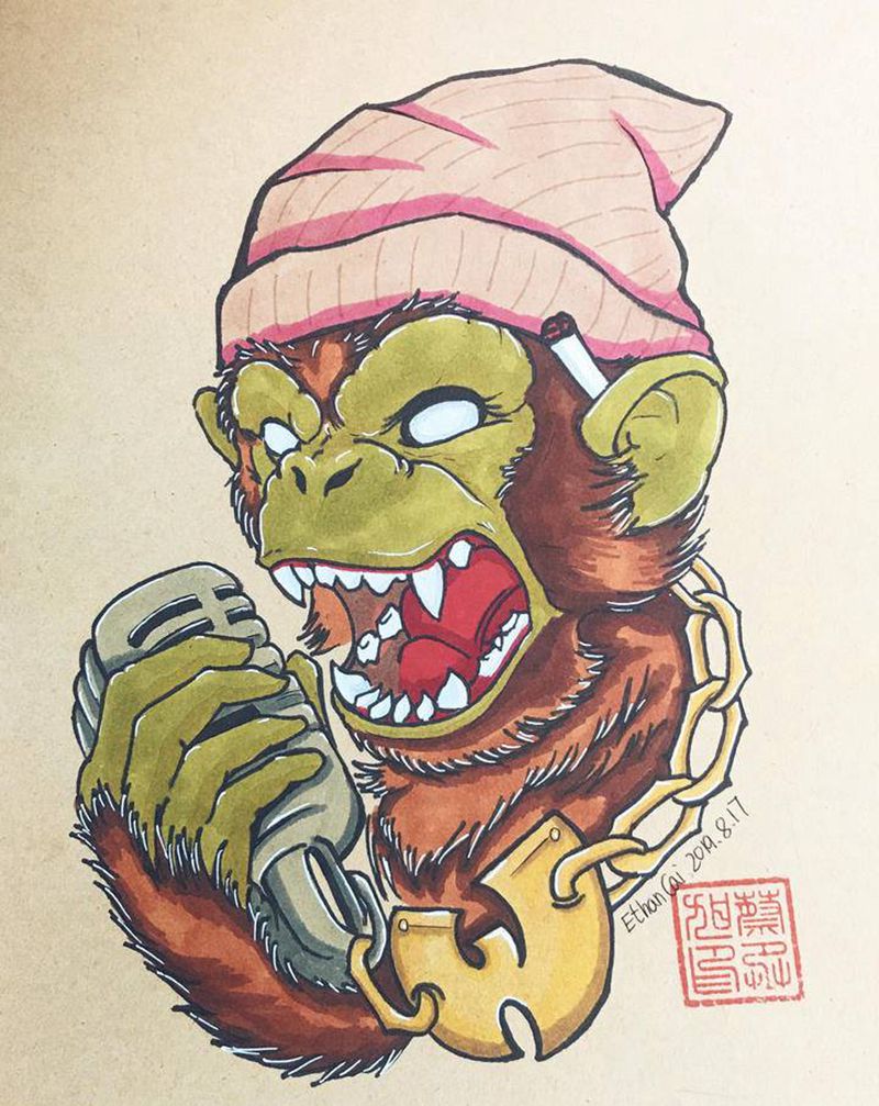 嘻哈猴子纹身图片_水彩纹身图案
