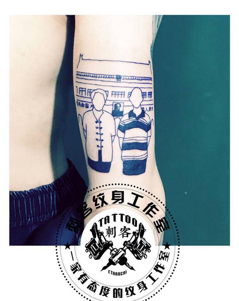 爷爷奶奶极简风纹身图片_手臂纹身图案