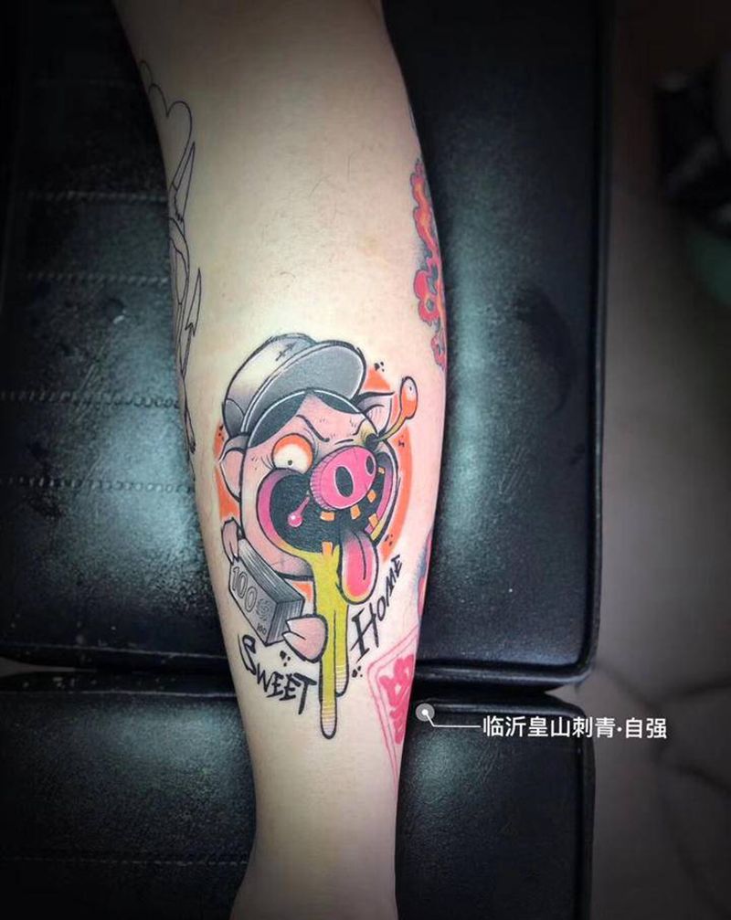 School 生肖花腿纹身图片_腿部New School纹身图案