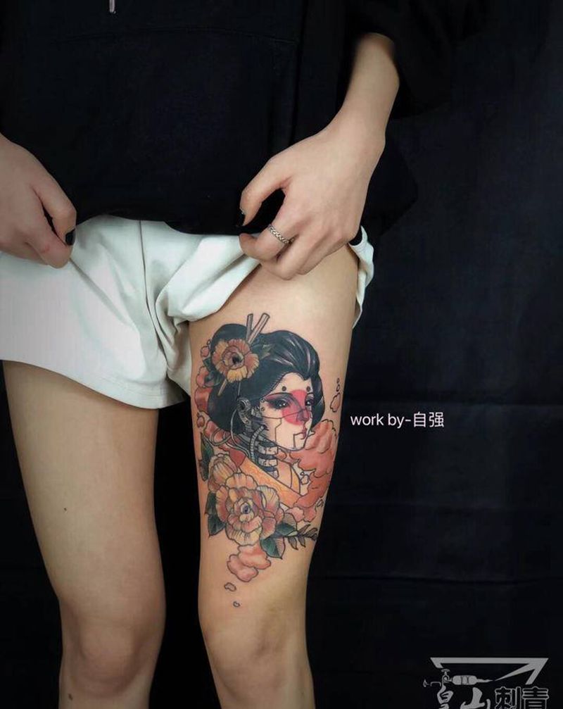 艺姬纹身图片_腿部New School水彩纹身图案