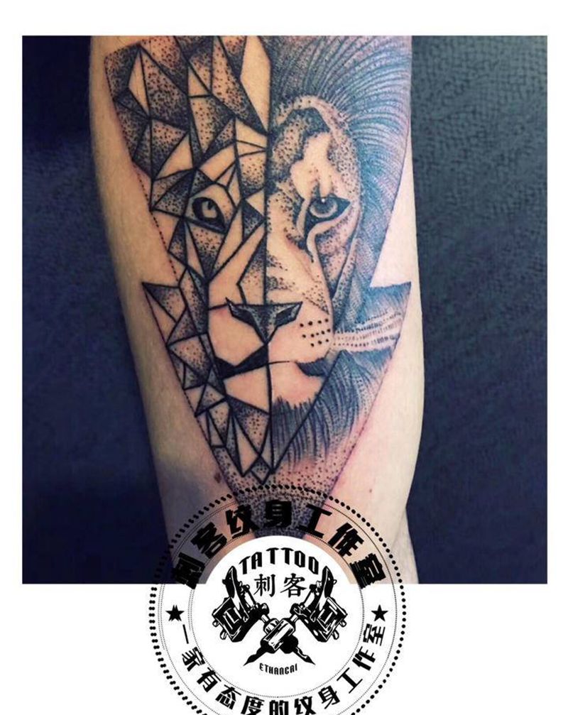 狮子头纹身图片_腿部纹身图案