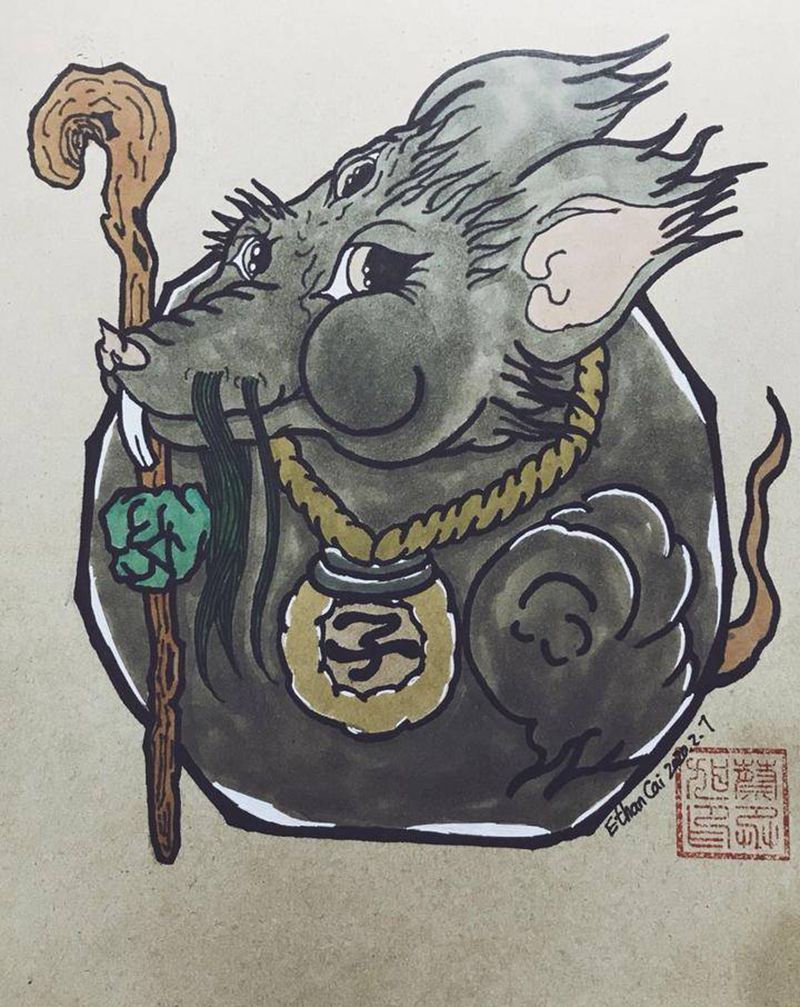 达摩蛋+子鼠纹身图片_水彩纹身图案