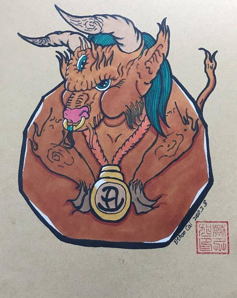 达摩蛋+丑牛纹身图片_水彩纹身图案