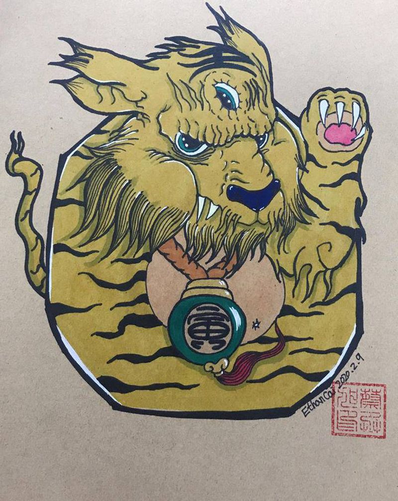 达摩+寅虎纹身图片_水彩纹身图案