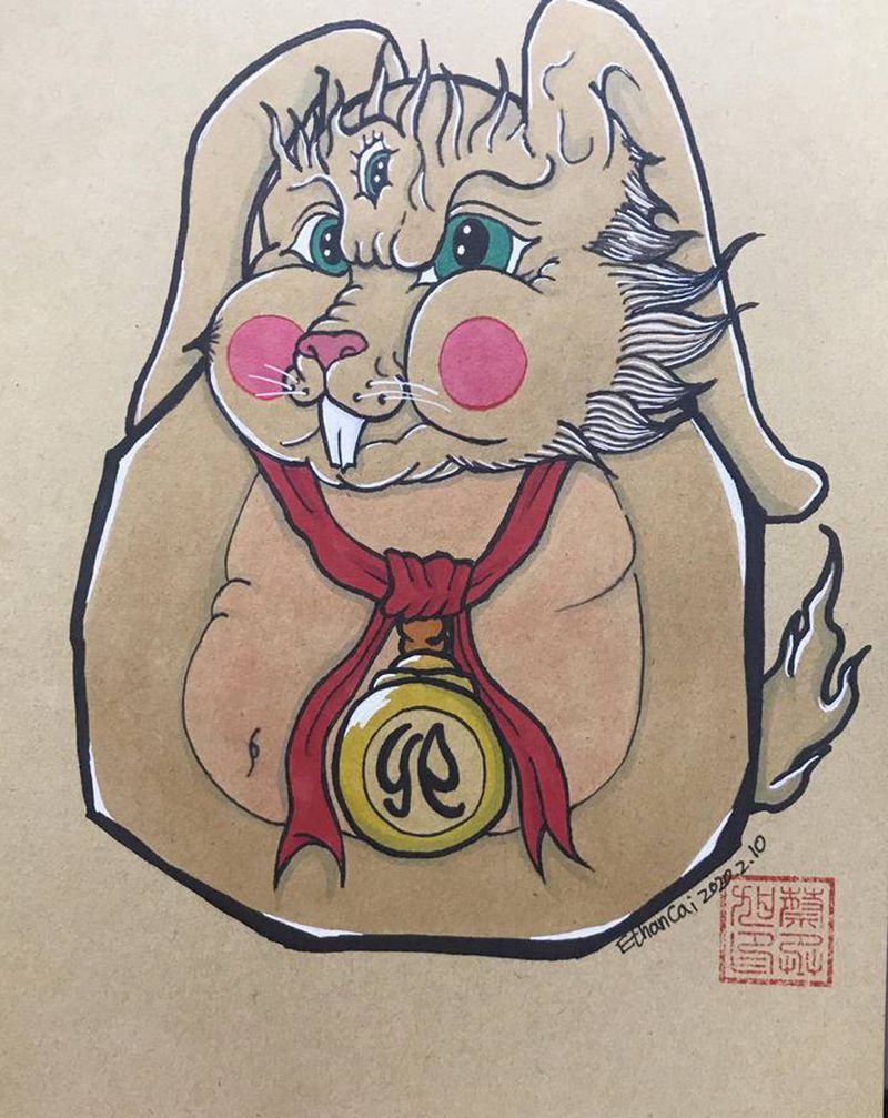 达摩+卯兔纹身图片_水彩纹身图案