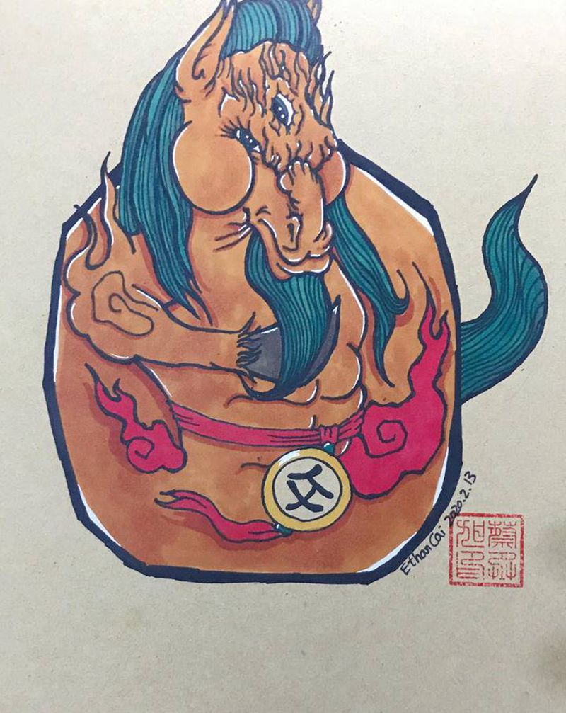 达摩+午马纹身图片_水彩纹身图案