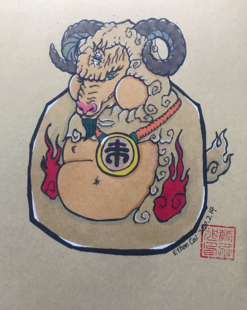 达摩+未羊纹身图片_水彩纹身图案