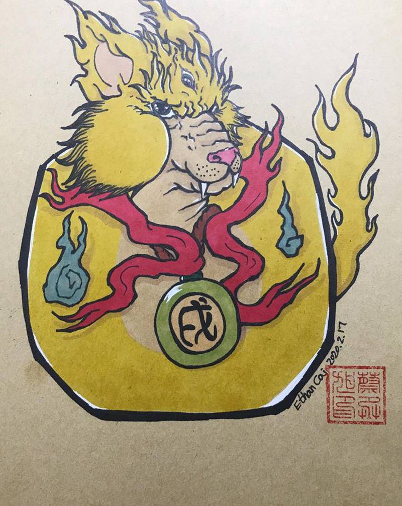 达摩+戌狗纹身图片_水彩纹身图案