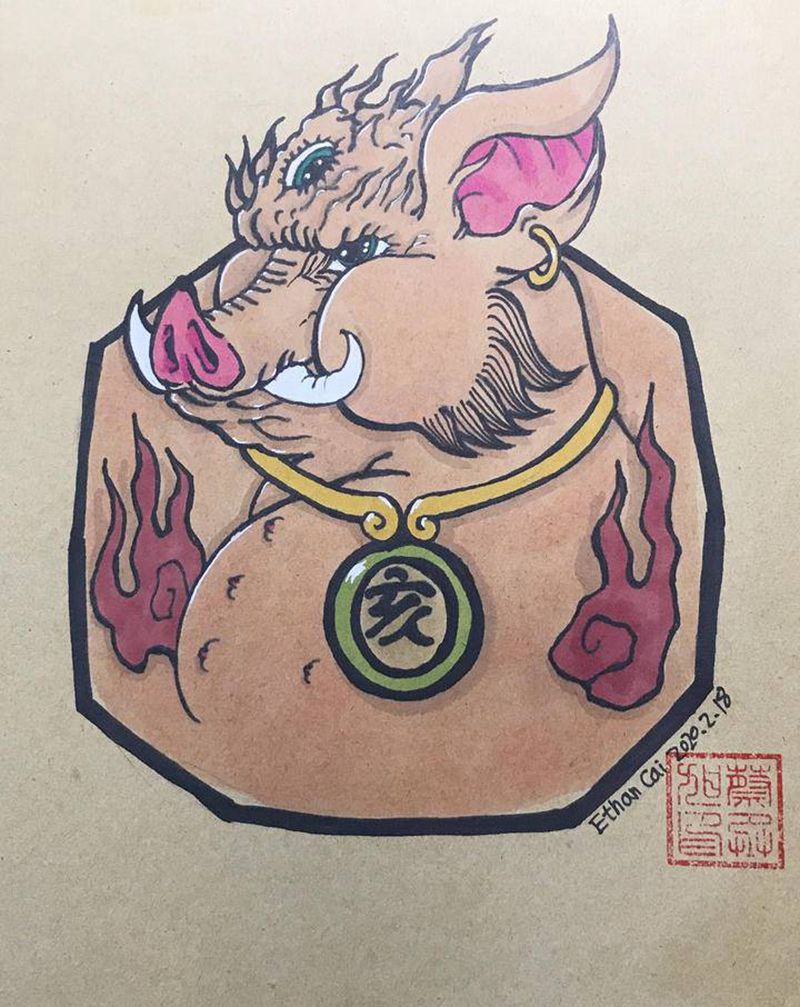 达摩+亥猪纹身图片_水彩纹身图案