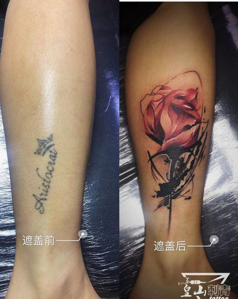 遮盖纹身图片_腿部水彩纹身图案