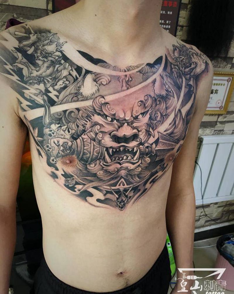 唐狮花胸plus纹身图片_胸部新传统纹身图案