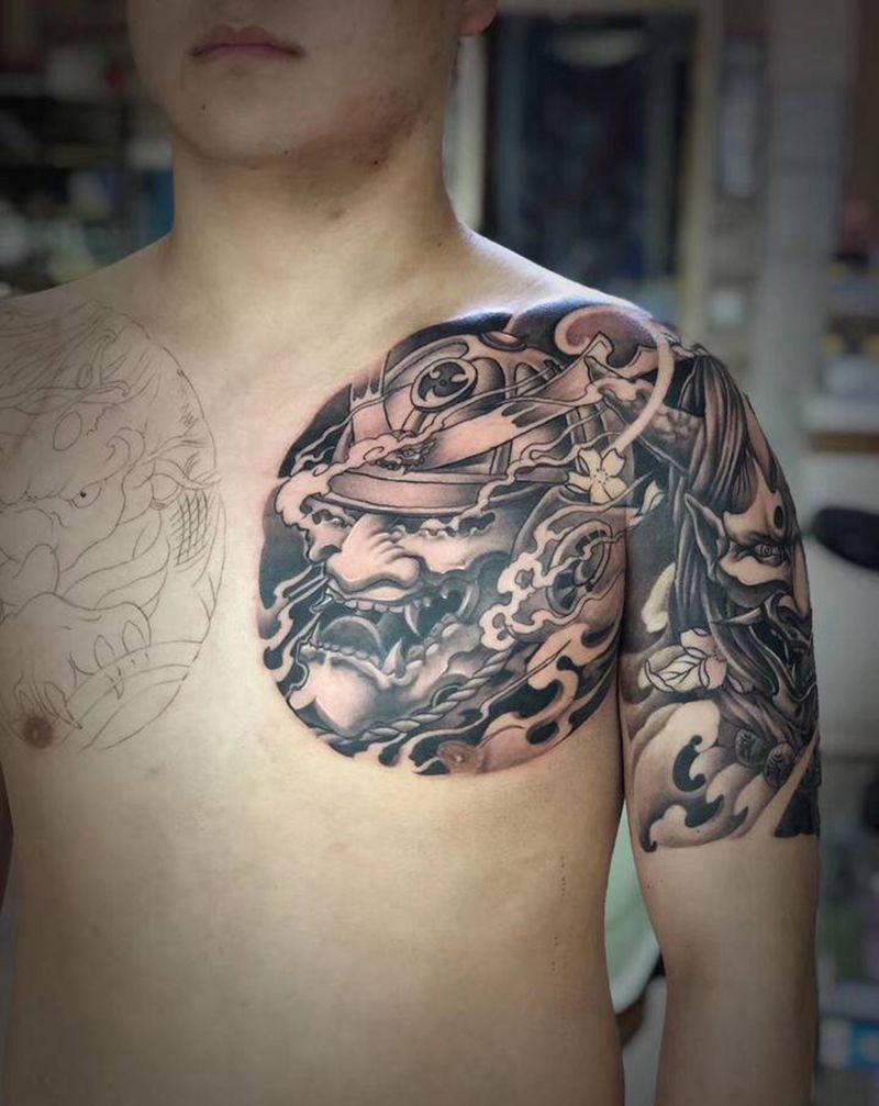 半甲纹身图片_胸部手臂新传统纹身图案