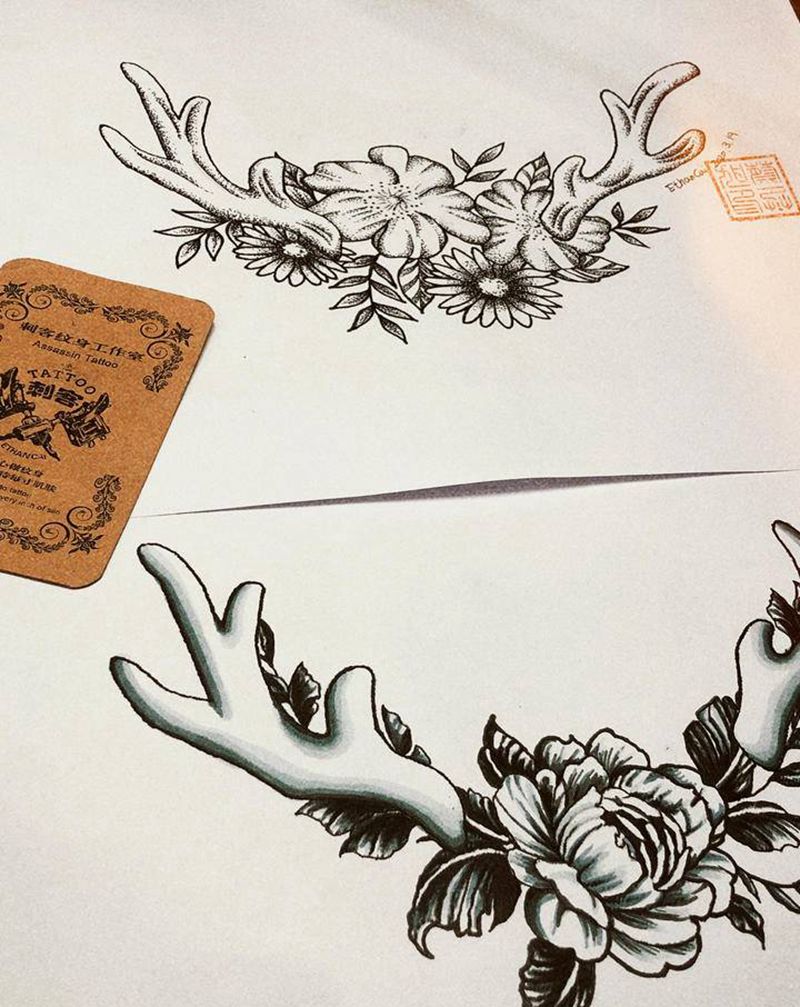 鹿角手稿设计纹身图片_点刺纹身图案