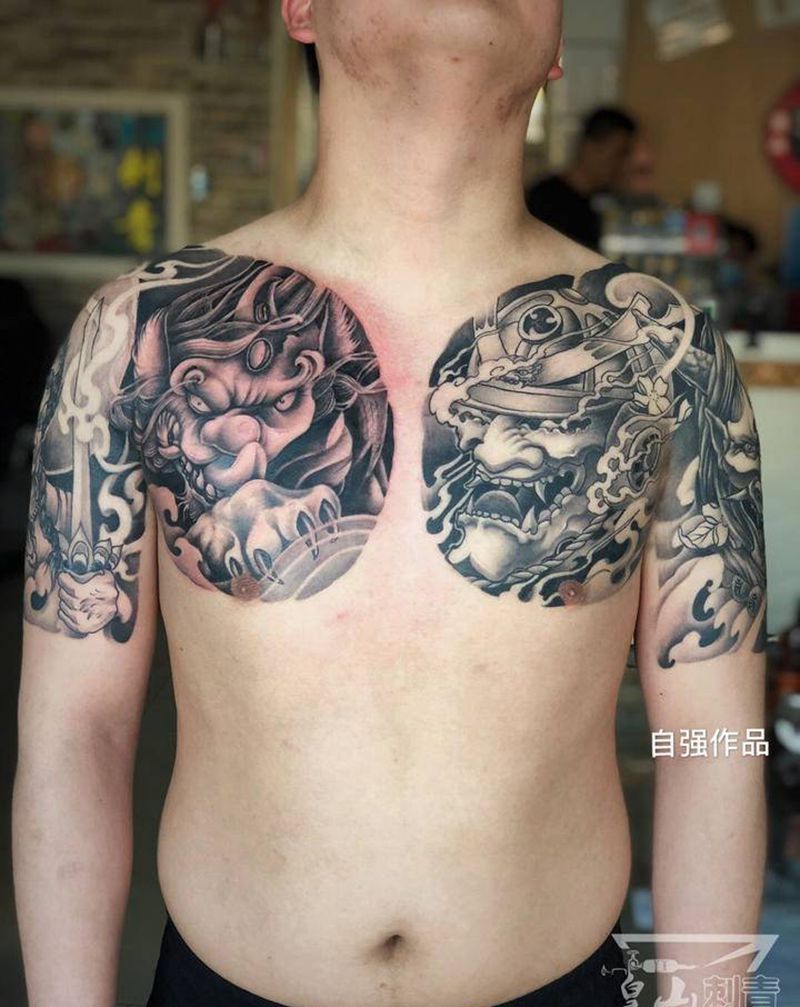 双半甲纹身图片_手臂胸部新传统纹身图案