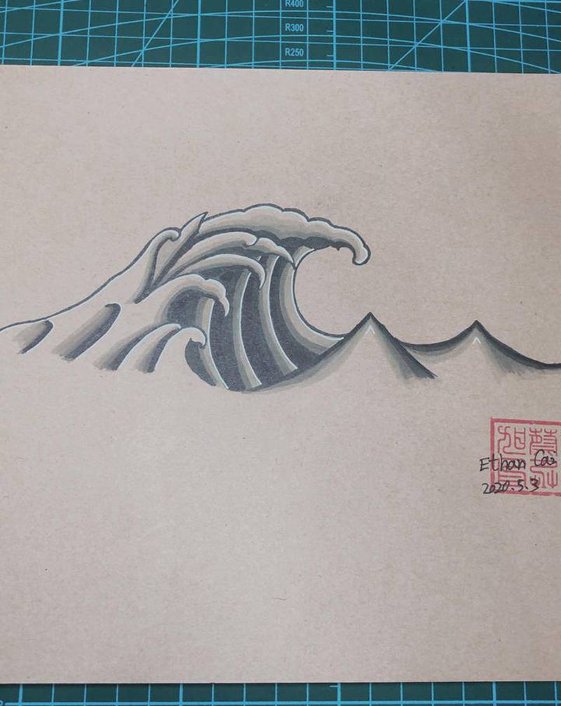 浪与山纹身图片_水彩纹身图案