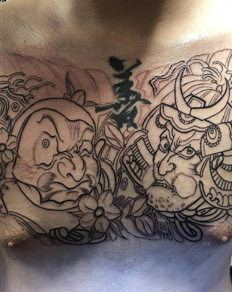 达摩武士纹身图片_胸部老传统纹身图案