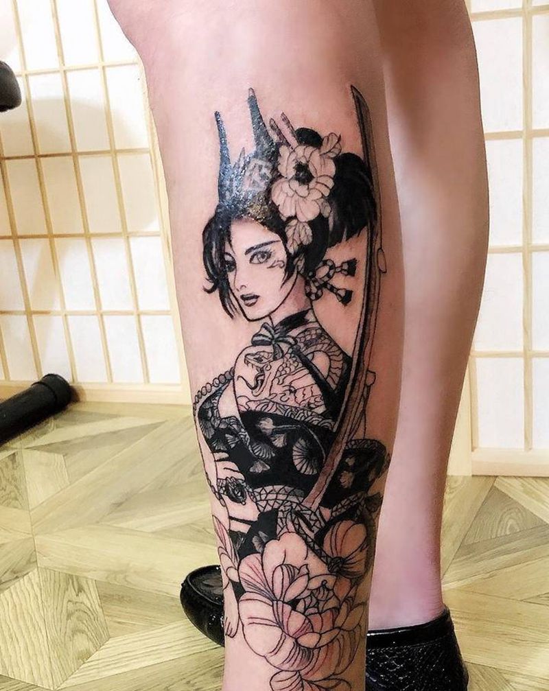 日本艺妓纹身图片_腿部新传统纹身图案