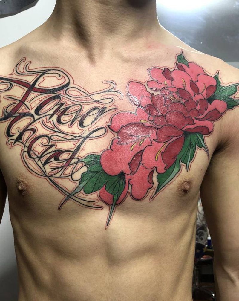 牡丹+花体字纹身图片_胸部花体字纹身图案