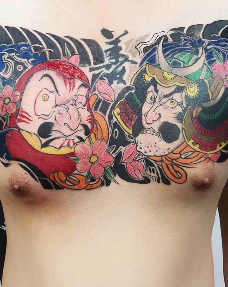 达摩蛋+武士纹身图片_胸部老传统纹身图案