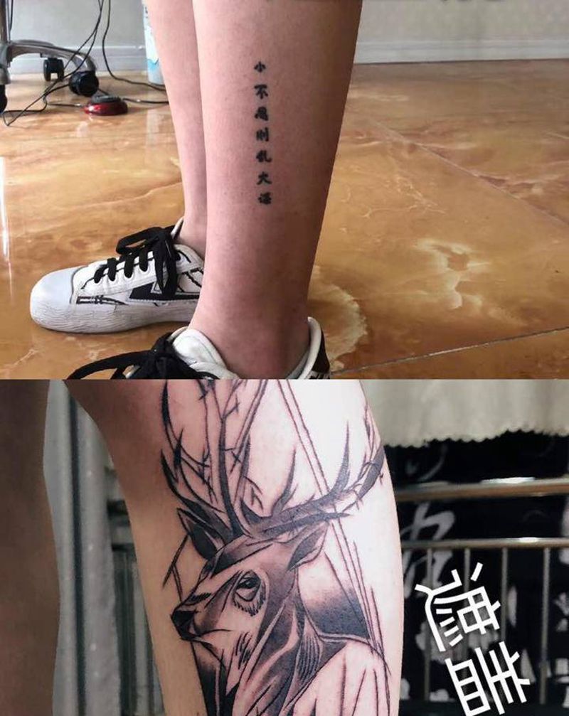 麋鹿回头纹身图片_腿部纹身图案