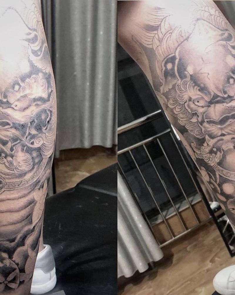 唐狮子纹身图片_腿部新传统纹身图案