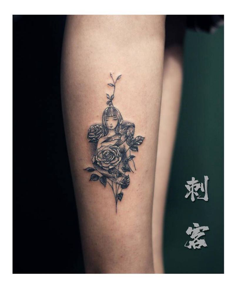 巨蟹座♋美少女纹身图片_腿部纹身图案