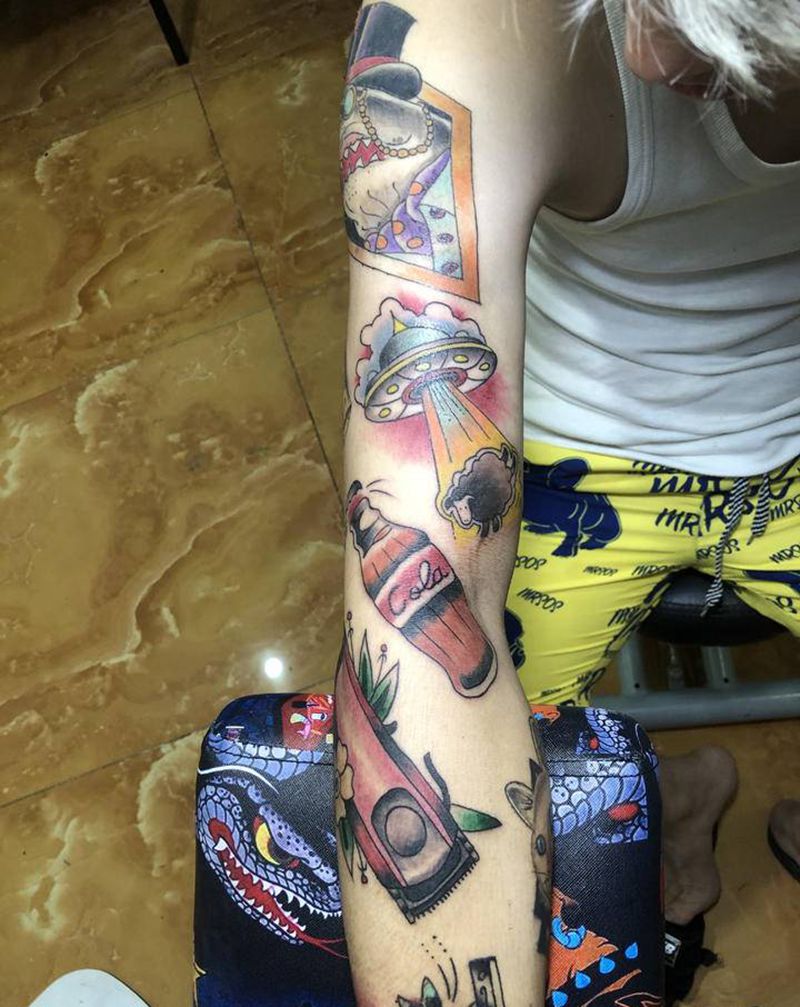 拼接花臂纹身图片_手臂纹身图案