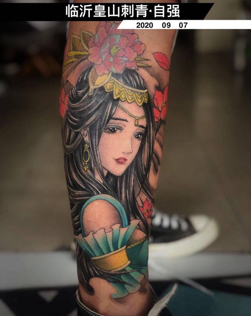 艺伎纹身图片_腿部新传统纹身图案