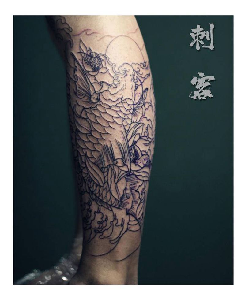 锦鲤包腿（未完成）纹身图片_腿部纹身图案