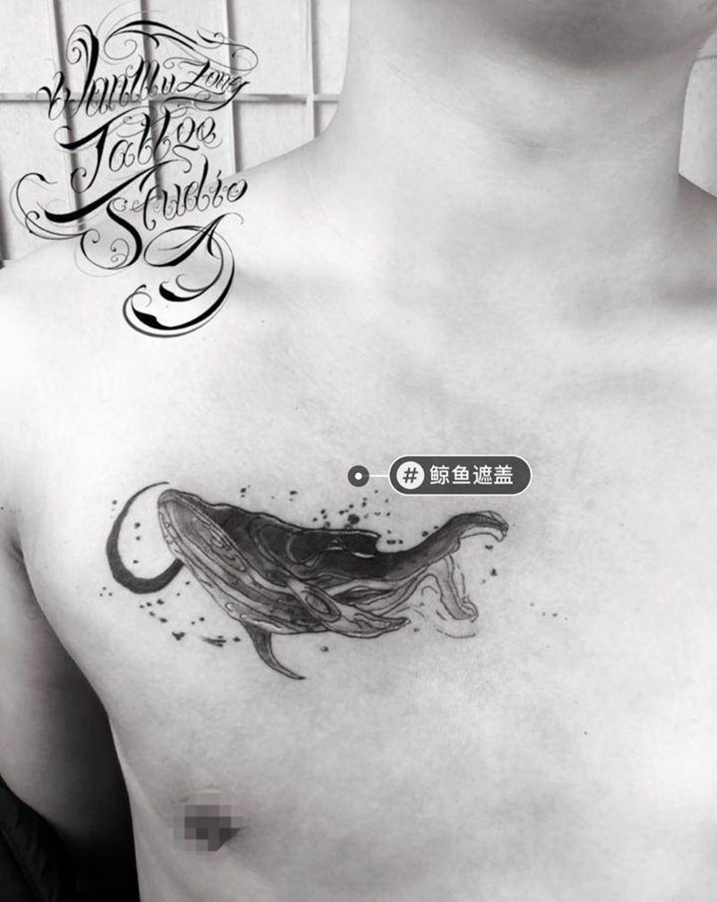 鲸鱼遮盖纹身图片_腹部纹身图案