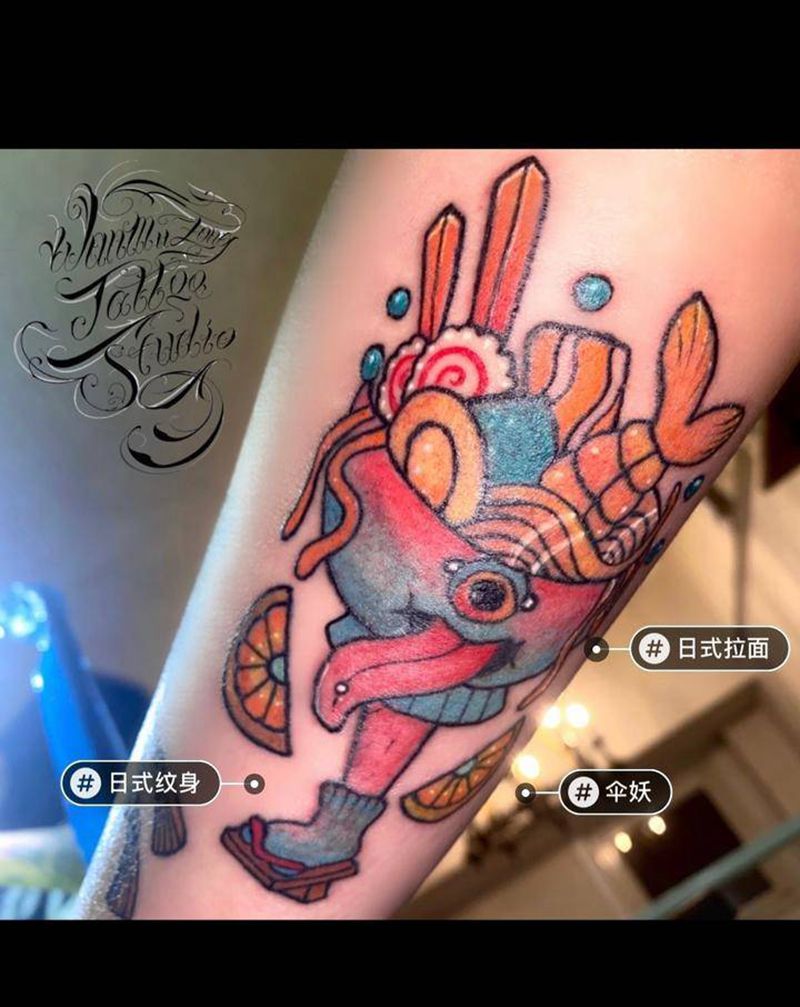 拉面伞妖纹身图片_腿部新传统纹身图案